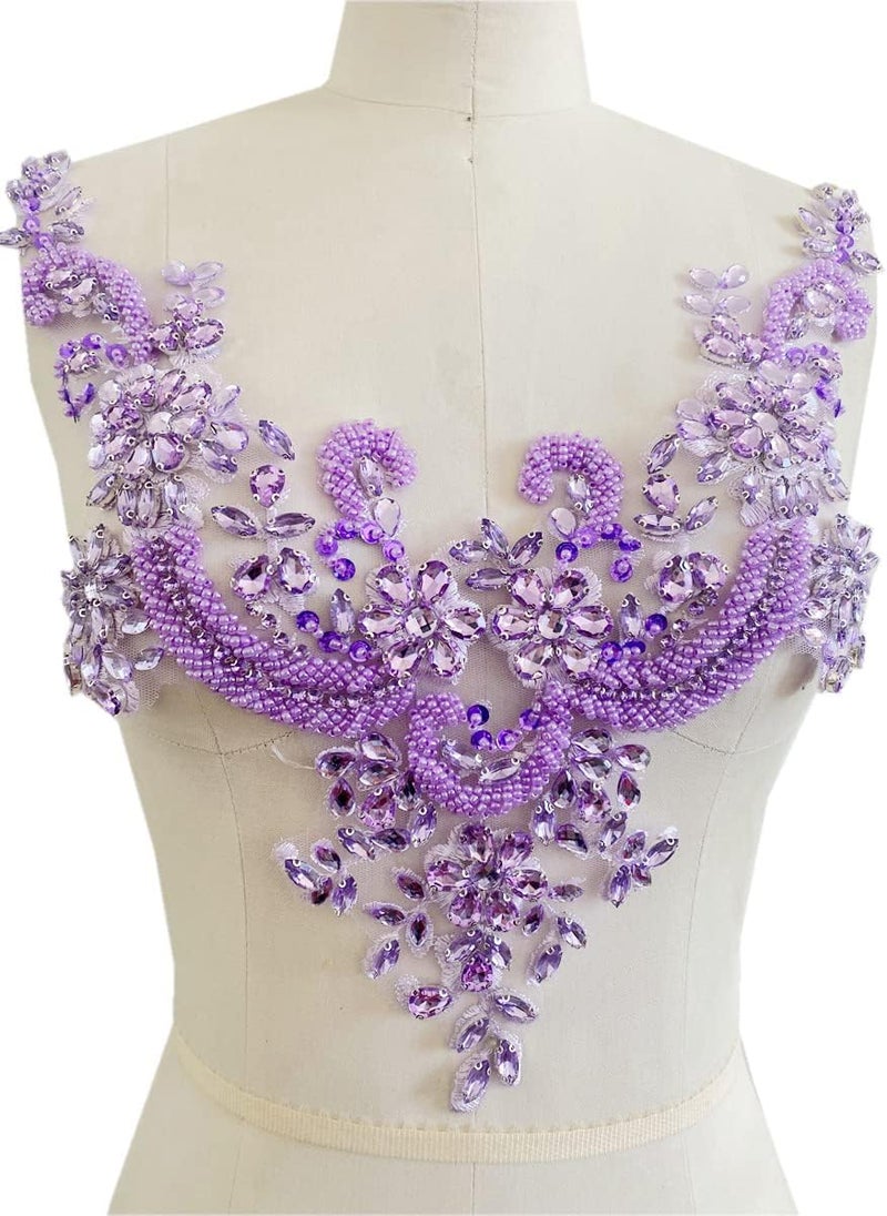 wtbvn Handmade Rhinestones lace Applique handsewing Beads Trim Patches Neckline for Dress Clothes Accessory (Light Purple) - Image 3